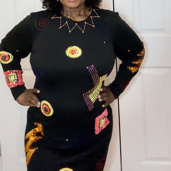 LIZ CLAIBORNE Vintage Long Sleeve Beaded Bodycon Dress-Medium - Picture 12 of 14